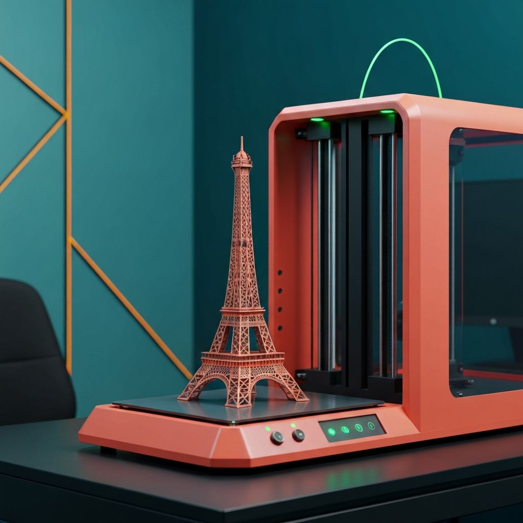 Cartoon illustration of 3D printer creating various objects