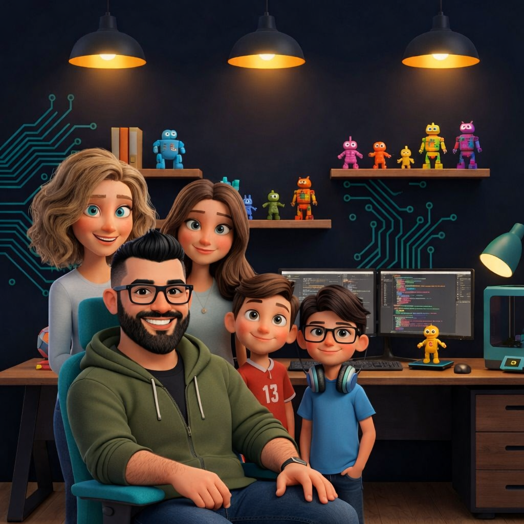 Cartoon illustration of Ryan with his wife, daughter, and two sons at a tech-filled desk with 3D printer
